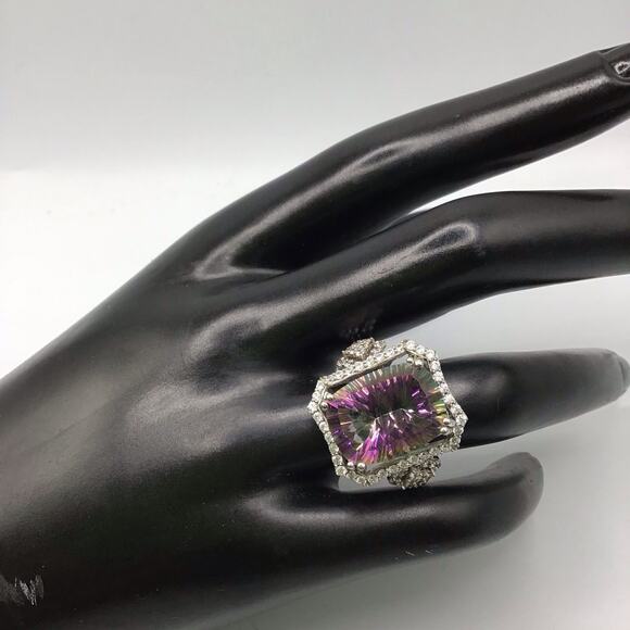 925 Sterling Silver Mystic Topaz CZ Halo Cocktail Ring Size 7.5 Multicolor - Picture 6 of 16